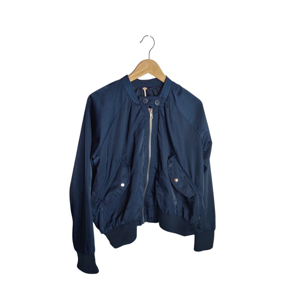 Free People Midnight Bomber Jacket in Blue Satin size M